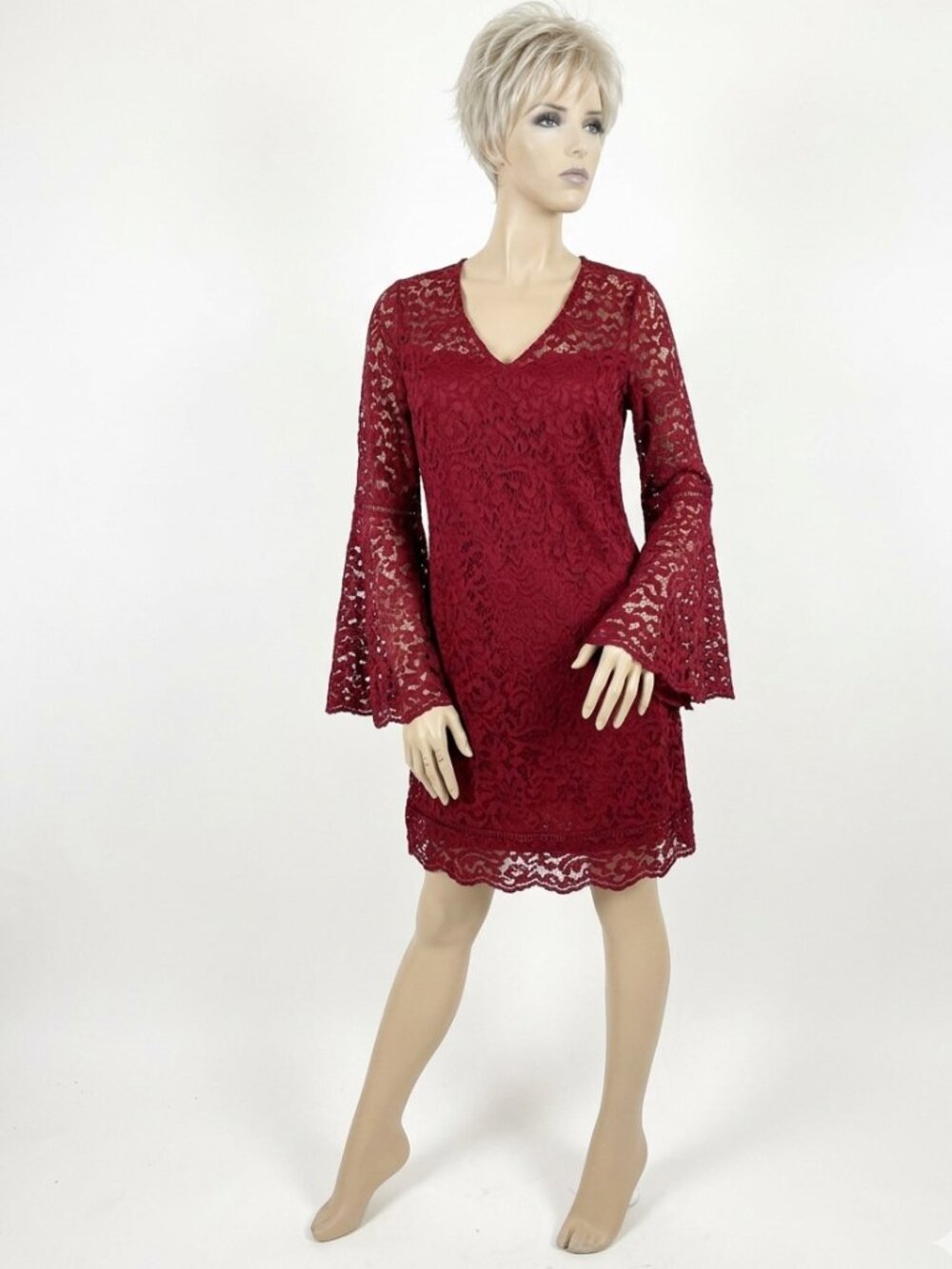White House Black Market Grenat Red Lace Drama Bell Sleeve Shift Dress  Sz 10 - Picture 2 of 5